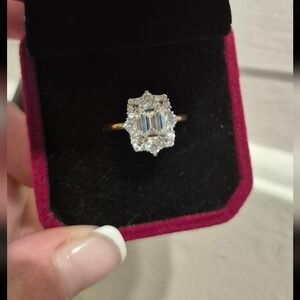 GRA 4 Carat Emerald Cut Halo Cathedral Moissanite Ring In Size 7 US*New